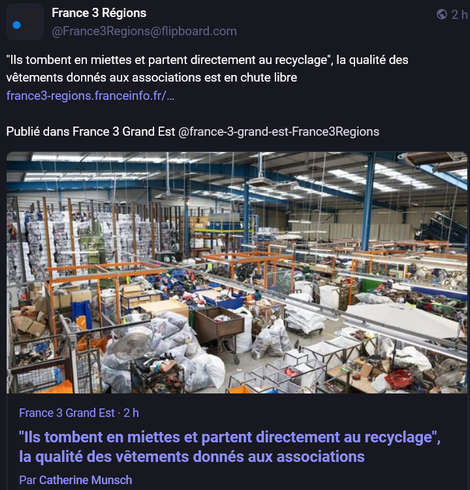 article de france 3 intitulé : "Ils tombent en miettes et partent directement au recyclage", la qualité des vêtements donnés aux associations est en chute libre."

post du 16 septembre 2025