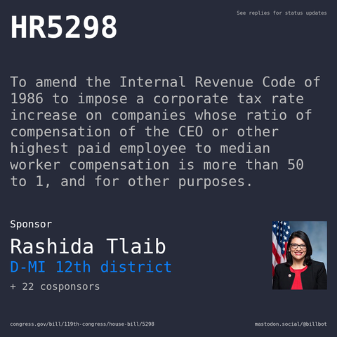 Description of HR5298, and a depiction of its sponsor, Rashida Tlaib.
