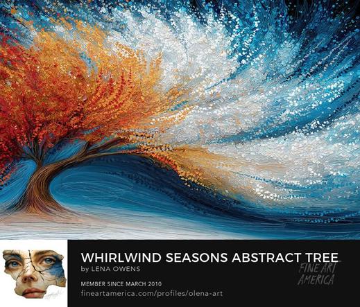 
A stylized tree with swirling branches in warm reds, oranges, and yellows on the left, transitioning to cool blues and whites on the right. The background features dynamic brushstrokes suggesting wind and seasonal change. The composition is vibrant and textured, blending autumn and winter in a single expressive image. 