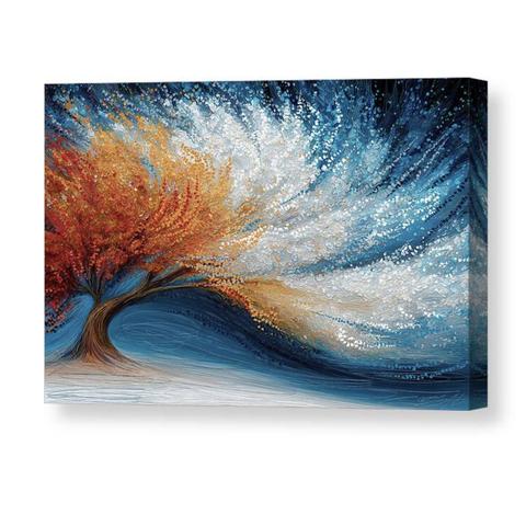 

A stylized tree with swirling branches in warm reds, oranges, and yellows on the left, transitioning to cool blues and whites on the right. The background features dynamic brushstrokes suggesting wind and seasonal change. The composition is vibrant and textured, blending autumn and winter in a single expressive image. 