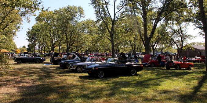 Photograph of MGBs and other British cars on a shady grass field in a park with trees in the background.
