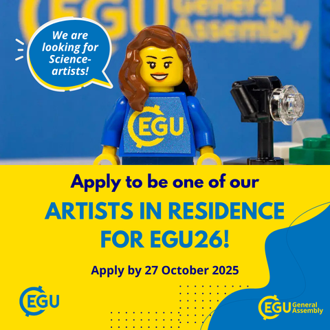 Image description: LEGO figure in a blue shirt with the EGU logo. Text reads: 'We are looking for Science-artists! Apply to be one of our ARTISTS IN RESIDENCE for EGU26. Apply by 27 October 2025.'