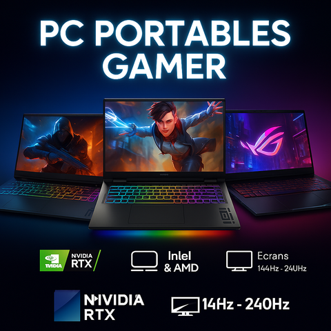 Catégorie PC Portable Gamer sur inMedia avec une sélection de laptops équipés de cartes graphiques NVIDIA RTX, processeurs Intel et AMD, et écrans haute fréquence.