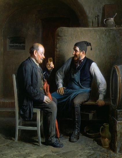 The Wine Tasting, or A Good Vintage is an intimate genre scene, painted in oil on wood. It depicts two men in a simple, rustic setting—a cellar or tavern—tasting and evaluating wine. The man on the right wears high black boots, a blue apron, and a black cap with a tassel. The man on the left wears a suit, we see the yellow cord of a pocket watch, and he wears a black overcoat. The composition is typical of Friedländer: central figures with expressive faces and gestures, surrounded by attributes such as a wine barrel, pots and jugs. The atmosphere is warm and cheerful. The man on the right watches with joyful anticipation while the man on the left tastes the white wine. The taster concentrates on his task, visibly content.
Colors are earthy and detailed: beige and orange tones for stone, brown for wood, blue, gray and white for clothing, yellow for wine, and cream for light effects. The red umbrella draws attention to the central part of the painting: the two men. Thematically, it explores social rituals and the joy of everyday pleasures. It is representative of Friedländer's oeuvre.
Via Meisterdrucke.nl