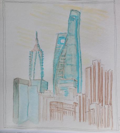 Aquarelle de grattes ciel oscillant entre ton bleus et beiges avec un ciel matinal jaune. Contraste de l'architecture angulaire des années '80 / '90 et de formes arrondies de années 2000. 
Watercolour of some highrises in blue and beige hues. Contrast of angular 80's and 90's architecture and rounded of the 2000's