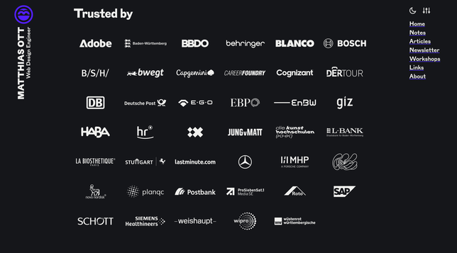 A screenshot of my personal website showing loads of logos of brands and companies I have worked with in projects and workshops.