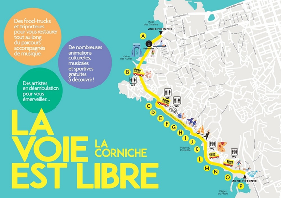 Carte illustrée de la Corniche à Marseille pour l’événement "La Voie est Libre", montrant un parcours piéton du Vallon des Auffes aux plages du Prado. Icônes de food-trucks, artistes, toilettes, vélos et animations. Bulles informatives colorées sur les animations et la restauration.