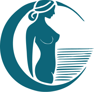 Logo stylisé du CECGM représentant une silhouette féminine nue de profil, entourée d’un croissant de lune et de lignes horizontales évoquant la mer.
