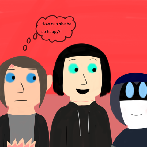 Drawing of Minna looking jealous at Millie, saying "How can she be so happy?!" in her mind. Millie is looking at Minerva happily and talking about something and Minerva is looking at Millie with a smile