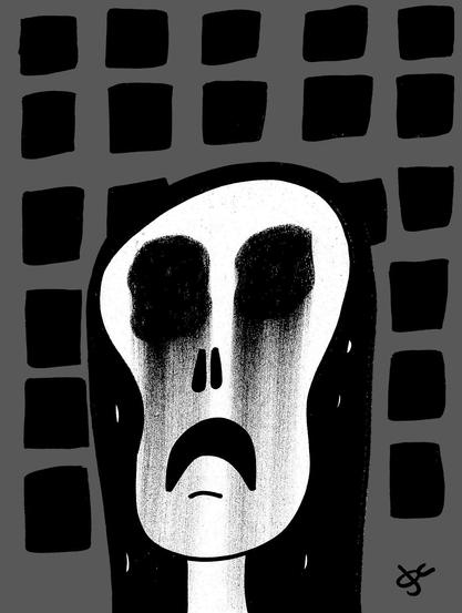 
This is a black-and-white, abstract illustration with a dark, eerie mood. The central figure is a tall, elongated face with hollow, black eye sockets and an open, oval-shaped mouth, giving it a look of fear, sadness, or despair. The face is mostly white, with shadows and vertical streaks that make it appear as though it is crying or melting. Its long shape stretches downward, and it is framed by a black background that forms the figure's "hair" or silhouette.

Behind the figure is a grid of uneven, roughly drawn black squares on a gray background, adding a sense of confinement or repetition, almost like a wall or a cage. The overall feeling of the image is haunting and emotional, evoking themes of fear, isolation, or anguish.


