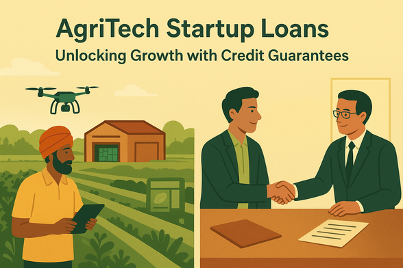  A flat-style split illustration showing agriculture and finance. On the left, a farmer’s field with drones flying above and digital warehouses storing produce. On the right, a startup founder shakes hands with a banker across a desk, with a soft golden glow symbolizing trust. Overlay text reads: “AgriTech Startup Loans: Unlocking Growth with Credit Guarantees.
