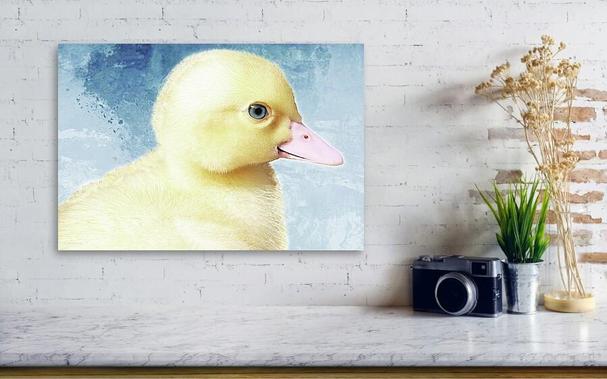 Soft yellow duckling on blue watercolor by artist Sharon Cummings.
