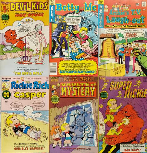 1. Harvey World "Devil Kids" 80 starring Hot Stuff. Little Devil rests by river, heating water with pitchfork, catching fish in net as they jump. "The Good Fairy granted me 3 fishes," a Tinkerbelle-like sprite overhead. In this issue—An adventure you won't forget—"The Devil Doll".

2. Archie Series "Betty and Me" 81. Jughead attacked with a cane, a cackling Fortune-teller, wicked Betty hovers near bedridden groaning Archie. "The limping man—finally uncovered! Who is he? Where did he come from? Why is he after Jughead?" & "Is Betty behind the strange illness that Archie has contracted—it is there some strange force controlling her—and what about Uncle Drago? Read the exciting conclusion in—"Betty Cooper, Betty Cooper!""

3. "Archie's T.V. Laugh-Out" 42, STARring Sabrina the Teen-age Witch. Riverdale gang at Liberty Bell. Reggie says, "There's hope for you, Arch!—This bell proves you can be cracked and still be famous!"

4. "Richie Rich and Casper" 17. Join them in their most amazing adventure—Gullible's Travels!! Casper hovers above Richie, tied by little people on a beach. "The Lilliputians tickle, Casper!" "They think you're Gulliver, Richie!"

5. "Richie Rich Vaults of Mystery" 18. A shadow looms over our heroes & a large vault built in a cavern wall. "The Man in the Iron Vault" was loose—And after Richie & Gloria!

6. "Super-Richie" 9. Richie & Cadbury battle a huge, hairy, red monster in cave. "There's big trouble afoot as Rippy and Crashman try to defeat Big Foot!