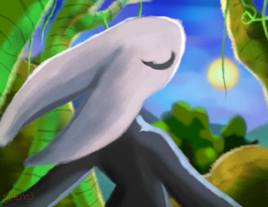 Digital Doodle of Hornet from Hollow Knight Silksong, eyes closed, basking under the sunlight (that basically doesn't exist in Hollow Knight. Look i never played the games, bear with me!)