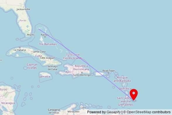 A map showing the great circle route from City of Freeport in the Bahamas to a map pin at Jumma Masjid, Kensington New Road, Bridgetown, Barbados