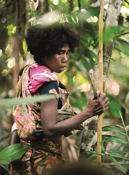 A Batek woman walks in the forest of Taman Negara National Park in search of useful materials.