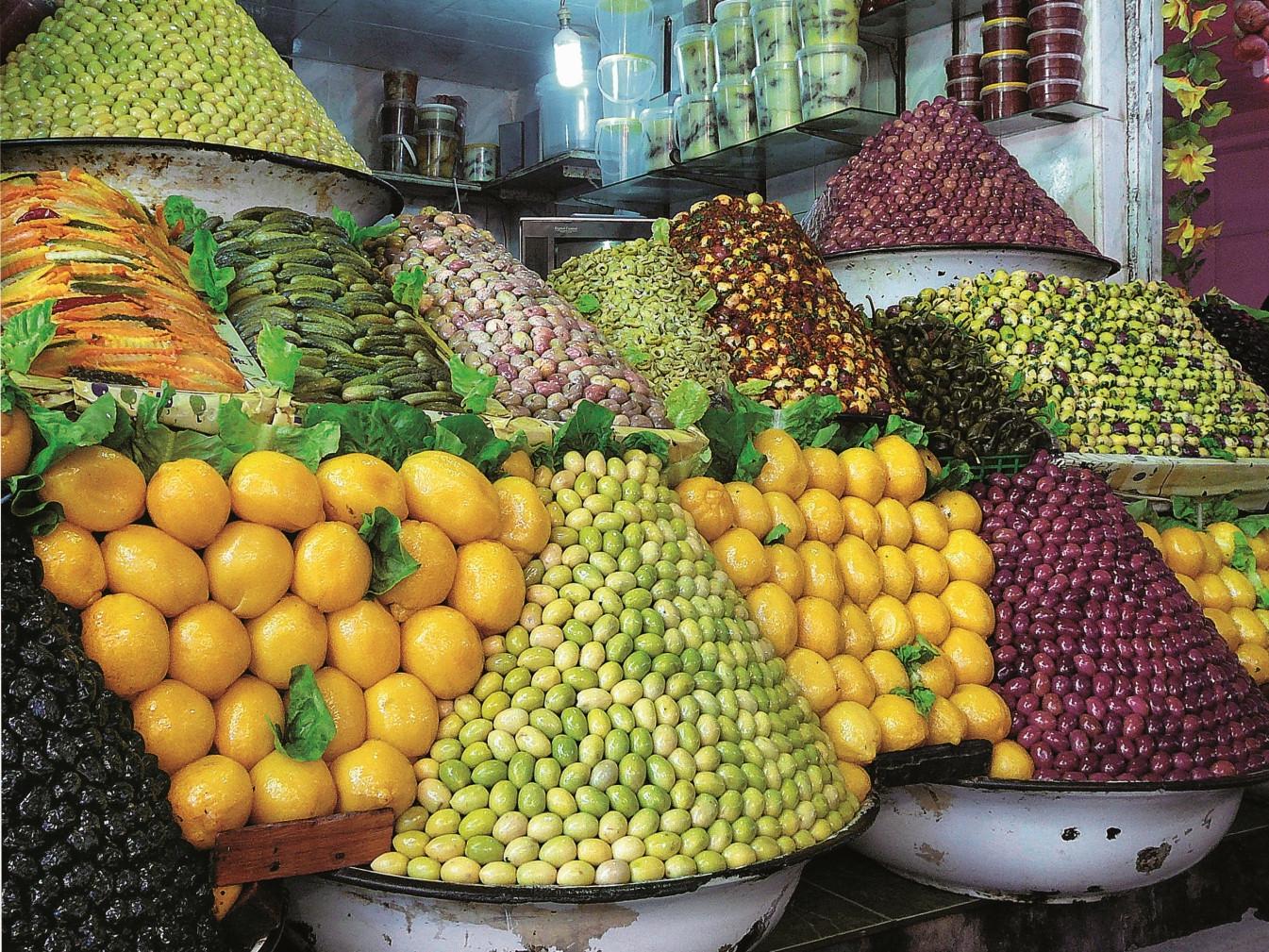 An olive stall in the main market of Meknes.