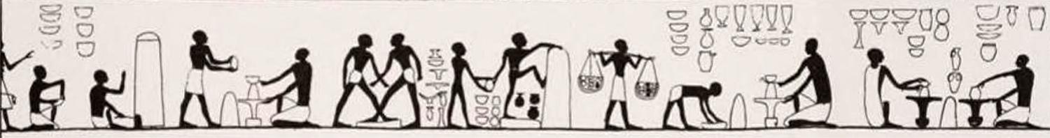Figure 2.4 is based on a wall painting in the main chamber of Nomarch (Governor) Amenemhat’s tomb at Beni Hasan with men loading and firing tall kilns, mixing clay with their feet, and forming vessels on the wheel.
