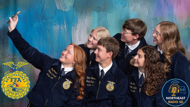 Six people in blue FFA jackets smile for a selfie against a colorful backdrop. FFA and Northeast Radio SD logos are visible.