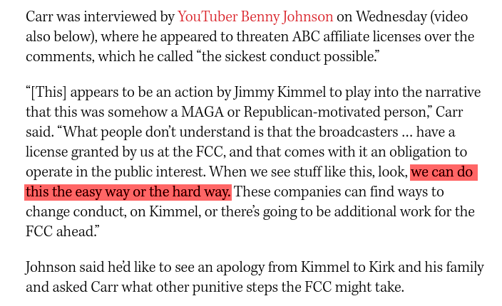 quote from FCC chair Brendan Carr on right-wing shithead Benny Johnson's youtube show saying "we can do this the easy way or the hard way"