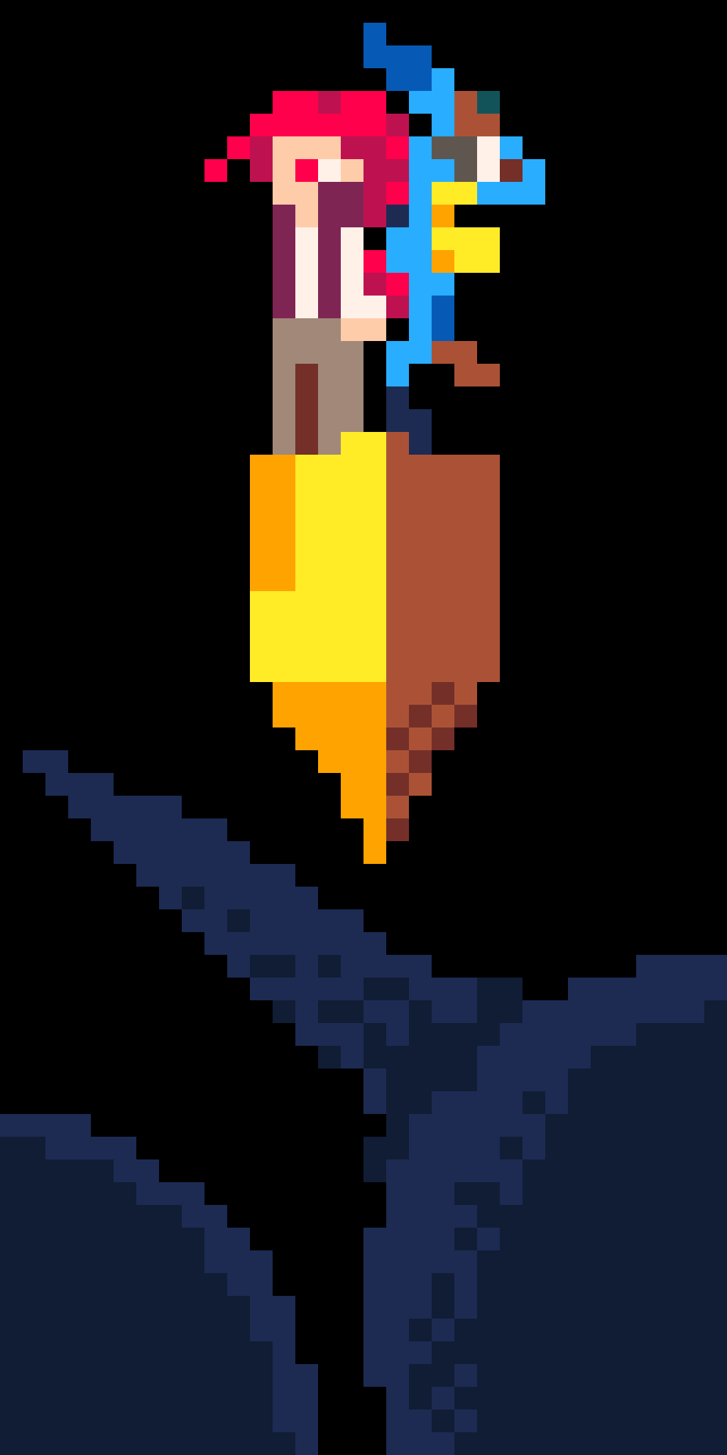 Pixel fanart of a scene from the game "Azure Dreams." The red-ponytailed protagonist, Koh, and his blue dragon familiar, Kewne, stand atop an upside-down obelisk. The obelisk is an elevator taking them to the next floor of the monster tower: a closed-space dungeon. In shadows in the foreground are monsters watching the elevator depart.