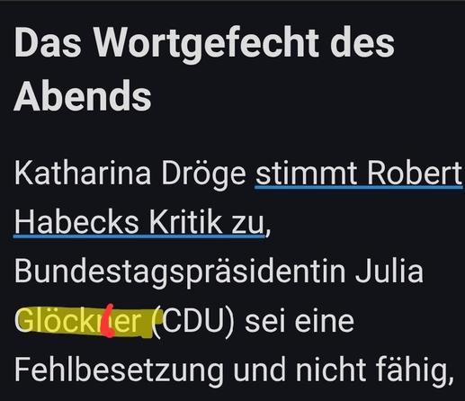 Das Wortgefecht des Abends
Katharina Dröge stimmt Robert Habecks Kritik zu, Bundestagspräsidentin Julia Glöckner (CDU) sei eine Fehlbesetzung und nicht fähig,