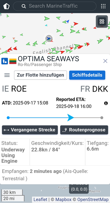 Zu sehen ist ein Screenshot auf dem die Pisition des Schiffs Optima Seaways sowie deren Geschwindigkeit (22 Knoten) Kurs (84°) und andere Daten zu erkennen sind