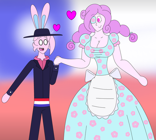 Fanart of Wallter and Noria both dressed up for Chile's national holidays, specifically Independence day (September 18th). Both characters happily show their love for each other by holding hands, a heart displayed and floating next to their faces each. Wallter wears a chuppalla and huaso while Noria wears a light-blue huasa with pink flowers printed all over it. The background is painted to look like the Chilean flag.