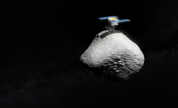 An artist’s impression of a spacecraft touching down on a grey asteroid. The spacecraft casts a shadow on the asteroid. The image background is black.