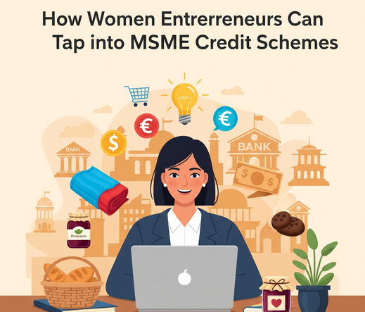  Illustration of a woman entrepreneur sitting at a desk with a laptop, surrounded by business symbols and icons, with banks and government buildings in the background.
