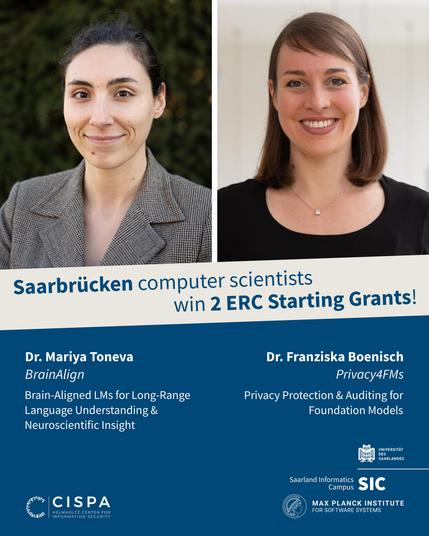 On the left, Dr. Mariya Toneva, on the right, Dr. Franziska Boenisch; on top of a banner that says "Saarbrücken computer scientists win 2 ERC Starting Grants!"
