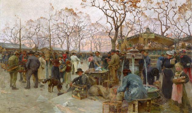 A Belle Époque winter market scene painted by Henri Gaston Darien. The canvas is filled with people in heavy coats and hats, gathered around birdcages filled with small yellow birds. Some men carry cages on their arms while others bend to inspect the wares set on the ground. A brown dog sniffs between the crowd. At the right, a fountain sprays into the cold air. Tall, nearly leafless trees rise above, their branches etched against the sky. Through them, a low pink sun casts a warm glow onto the pale stone façade of a large building in the background, suffusing the wintry atmosphere with a soft rose light. The combination of busy detail and delicate color creates a vivid glimpse of everyday Parisian life around 1900.
Via Meisterdrucke.nl