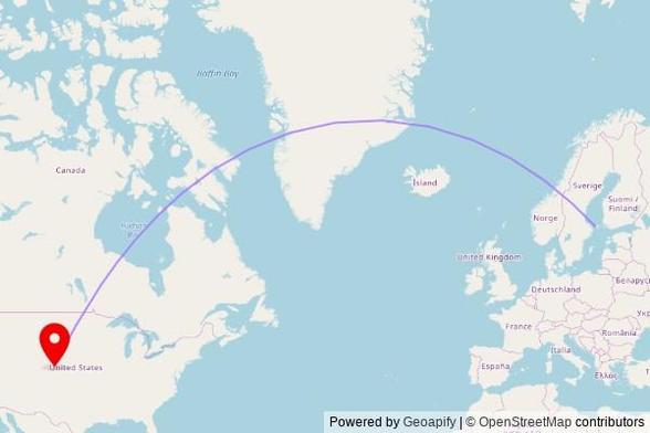 A map showing the great circle route from Hammarland in Finland to a map pin at Saint Helena Catholic Church, 917 West 7th Avenue, Fort Morgan, CO 80701, United States of America