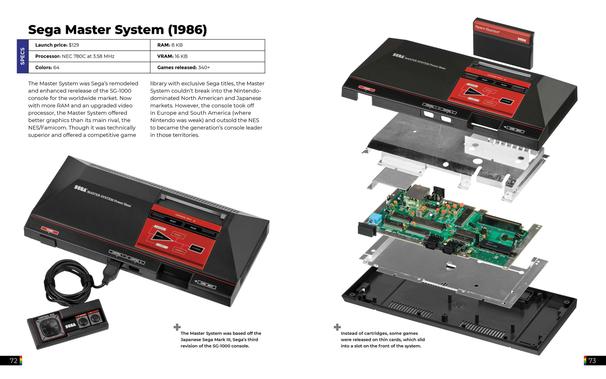 Specs table (left):

Launch price: $129

Processor: NEC 780C at 3.58 MHz

Colors: 64

RAM: 8 KB

VRAM: 16 KB

Games released: 340+

Paragraph: Explains it was a remodeled SG-1000, technically superior to NES/Famicom but struggled in North America/Japan; succeeded in Europe/South America.

Captions:

Left bottom: “The Master System was based off the Japanese Sega Mark III, Sega’s third revision of the SG-1000 console.”

Right: “Instead of cartridges, some games were released on thin cards, which slid into a slot on the front of the system.”

Images:

Photo of Master System console with rectangular controller (left).

Exploded view (right): Outer shell, cartridge, RF shield layers, motherboard, bottom casing.