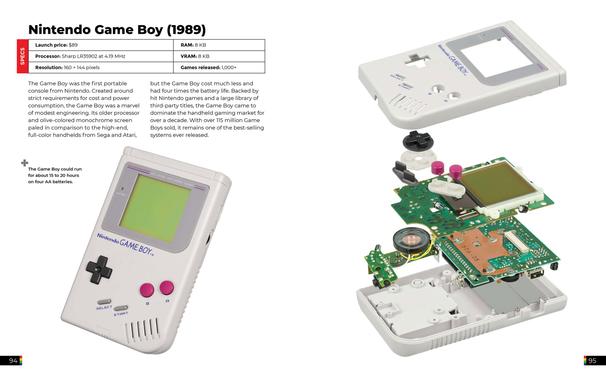 Specs table (left):

Launch price: $89

Processor: Sharp LR35902 at 4.19 MHz

Resolution: 160 × 144 pixels

RAM: 8 KB

VRAM: 8 KB

Games released: 1,000+

Paragraph: Describes modest engineering for cost and power efficiency, monochrome screen vs competitors, low cost and long battery life, strong Nintendo library, third-party support, dominating handheld market for a decade, over 115 million sold.

Caption: “The Game Boy could run for about 15 to 20 hours on four AA batteries.”

Images:

Photo of original gray Game Boy with greenish screen and magenta A/B buttons (left).

Exploded view (right): Outer casing front, buttons and contacts, screen and circuit boards, speaker, and back casing.
