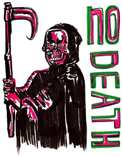 Dibujo de una figura similar a las representaciones de la muerte.  Rostro esquelético, una hoz de mango largo que sostiene con las dos manos y una capa larga y negra. El dibujo esta hecho en fondo blanco con colores negro, magenta y blanco, por medio de marcadores, con trazos expresivos y acompañado de un texto que dice "No death" Escrito con colores magenta y verde al costado derecho.