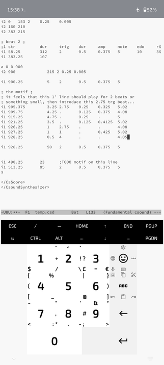 Csound running on an Android phone with the help of Termux and Emacs!