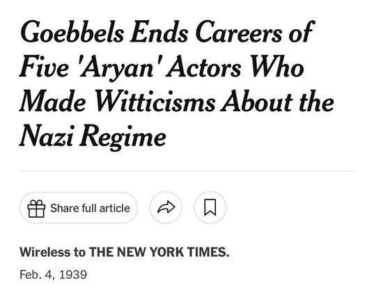 Goebels Ends Careers of Five 'Aryan' Actors Who Made Witticisms About the Nazi Regime

(Share full article)

Wireless to THE NEW YORK TIMES.

Feb 4, 1939