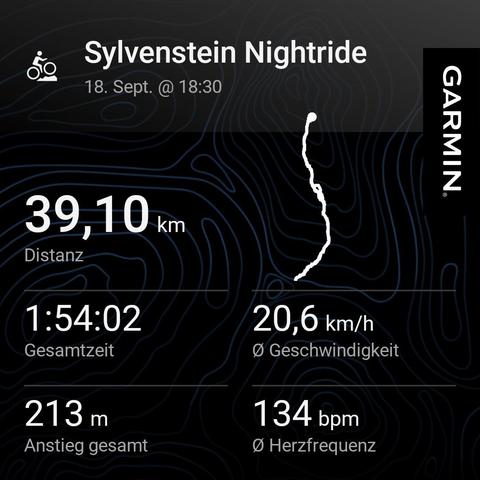Garmin activity summary of an exhilarating nighttime bike ride called "Sylvenstein Nightride" on September 18th. The adventure covered an impressive distance of 39.10 kilometers, completed in 1 hour, 54 minutes, and 2 seconds with an average speed of 20.6 km/h. The ride included a total ascent of 213 meters and maintained an average heart rate of 134 bpm. The route is beautifully mapped on a topographic background, showcasing the thrill and challenge of nighttime cycling.