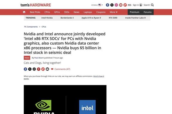 Nvidia buys $5 billion in Intel stock