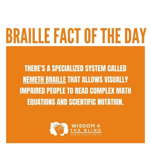 Braille Fact of the Day: Text explains that there’s a specialized system called Nemeth Braille that allows visually impaired people to read complex math equations and scientific notation.