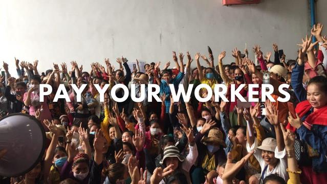 Text:
P A Y.  Y O U R.   W O R K E R S 

Image:
 Assembly of workers raise their arms 