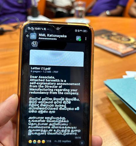 Text sent to workers by Management 

“Dear Associate.
Attached herewith is a self-explanatory announcement 
from the Director of Manufacturing regarding your 
redundancy from the Company.”
