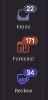 a screenshot of the OmniFocus sidebar rail, showing badges for Inbox (22), Forecast (171), and Review (34)