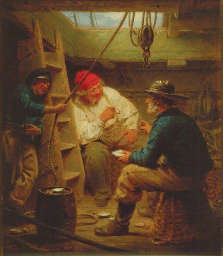 Two men seated on baskets in the hold of a ship are gossiping while a young boy is listening and laughing to one side as he leans against the companionway while holding a rope. The man facing the viewer at the back is plump and middle-aged. He is wearing a red beanie over wild grey hair, a blousy white shirt and tan trousers with braces. He has well-worn dusty-looking shoes/boots. He is holding a pipe in one hand and the other hand is resting on his hips. He seems to be laughing. The nearer man with his back to the viewer is much thinner, although of a similar age, and is wearing a dark southwester with the back-brim folded up over his dark hair. He has a lot of white/grey facial hair. He is wearing a bright blue knitted jumper over a red top and has tan trousers with the cuffs stuffed into tall wrinkled black boots. He is holding a large shell in one hand and is gesturing with the other. The young boy in the corner is wearing a black sailor's cap, a blue jumper and tan trousers.