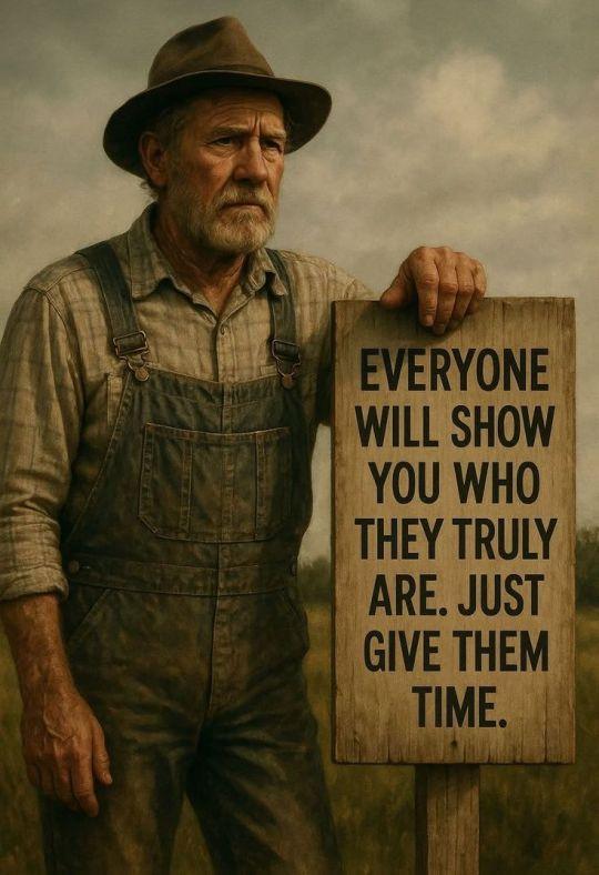 A farmer holding a large sign which says:
Everyone will show you who they truly are. Just give them time.
