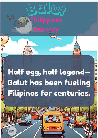 Balut as a Philippine delicacy with the line "Half egg, half legend—Balut has been fueling Filipinos for centuries.