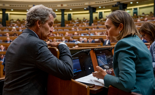 Alberto Núñez Feijóo parla amb Cuca Gamarra a la bancada del PP al Congrés (EFE/Daniel González)