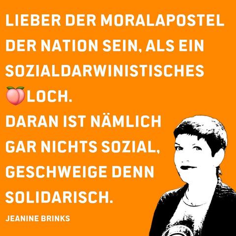 Sharepic mit orange farbendem Hintergrund. Hierauf weiße Schrift mit der Aussage "Lieber der Moralapostel der Nation sein, als ein sozialdarwinistisches Arschloch. Daran ist nämlich gar nichts sozial, geschweige denn solidarisch". Hierunter in kleinerer Schrift "Jeanine Brinks"