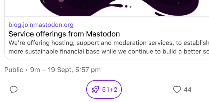 Screenshot of a social media post and underneath shows a prominent Boost/Quote button with both boost count and quote count. It is shown as "51+2".